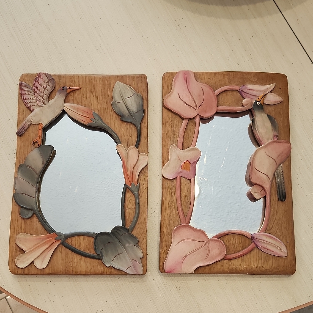 Wood Hand Carved Mirror Set Birds Flowers Cottagecore Grandmacore Vintage